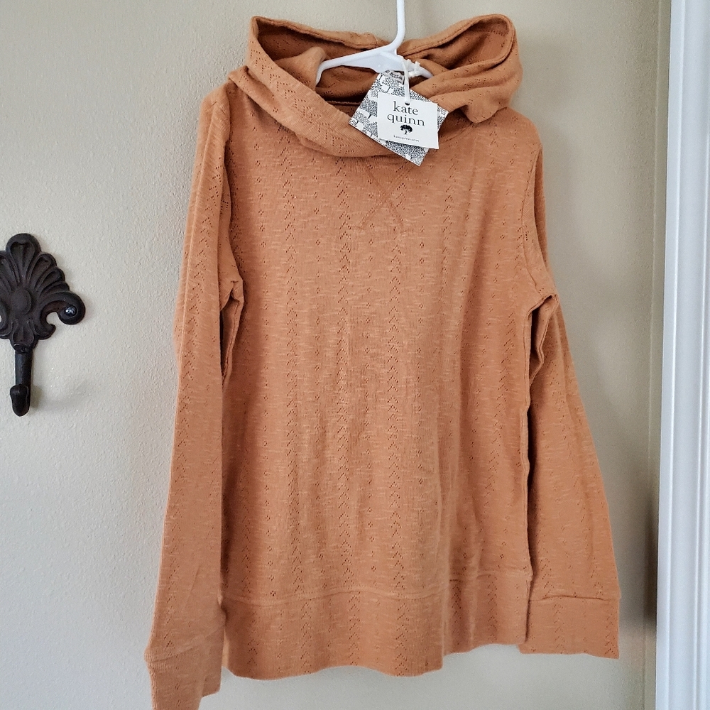 NEW WITH TAGS Kate Quinn 6Y Long Sleeve Pointelle Hoodie, Sandy Brown/Tan